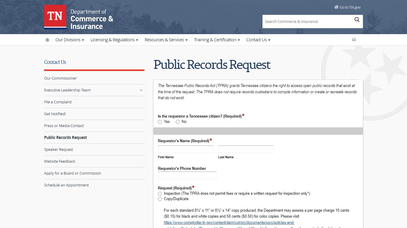 Public Records Request - Tennessee